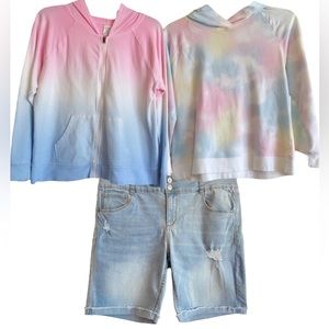 BUNDLE Arizona Girl’s 18 PLUS Zip Hoodie Ombre, Tie Dye Pullover, Bermuda Shorts